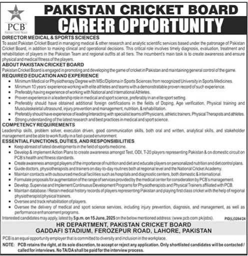  Job Openings at Pakistan Cricket Board (PCB) 2025 For management posts