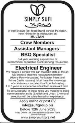 Sufi Group Lahore Jobs 2025: Now Hiring Crew Members & More – Apply Online