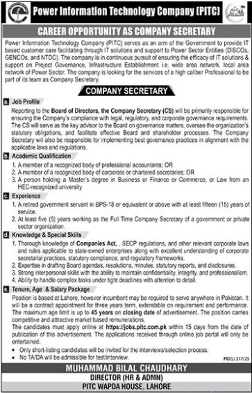 Latest Power Information Technology Company PITC Lahore Jobs 2025
