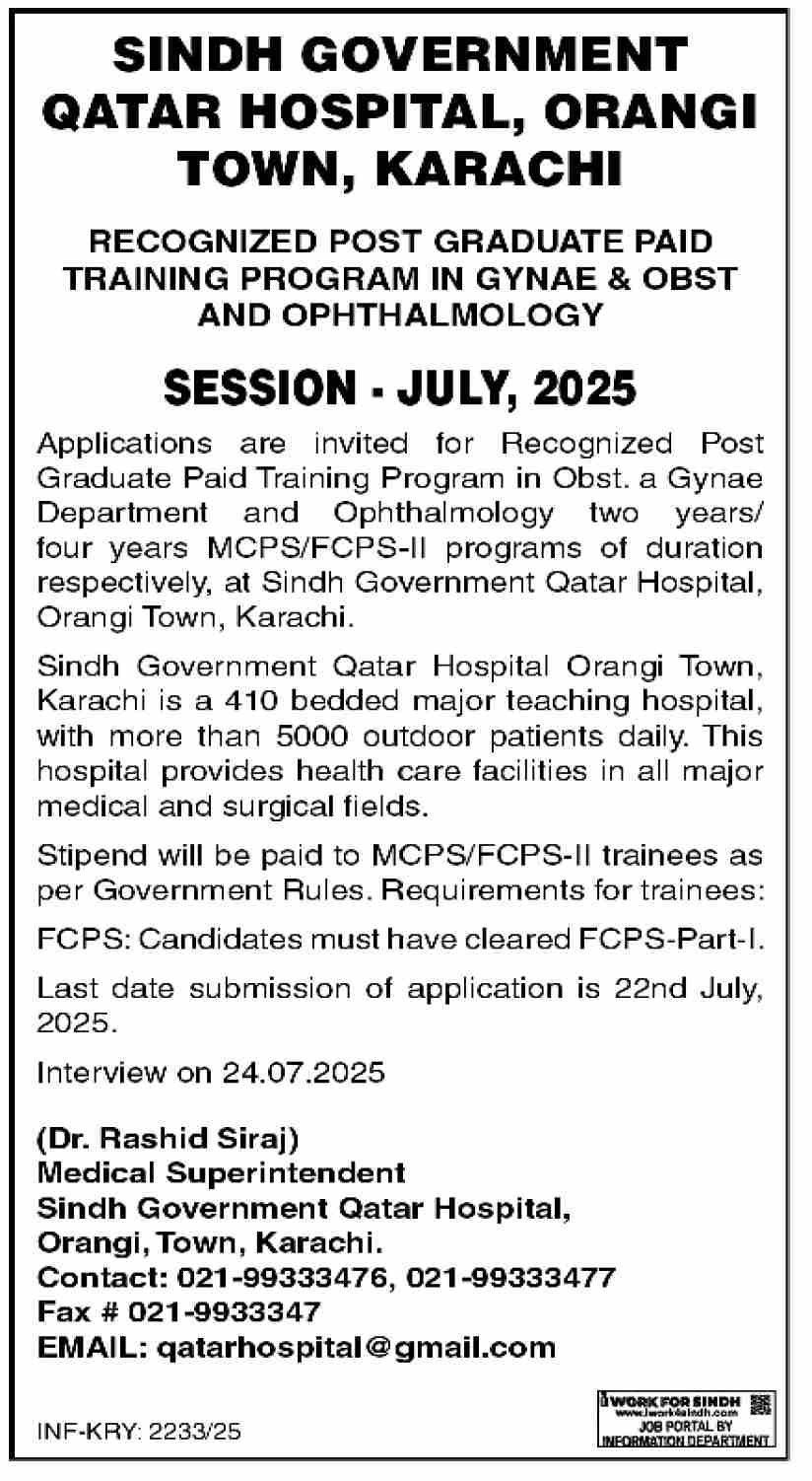 Latest Sindh Government Qatar Hospital Karachi Jobs 2025