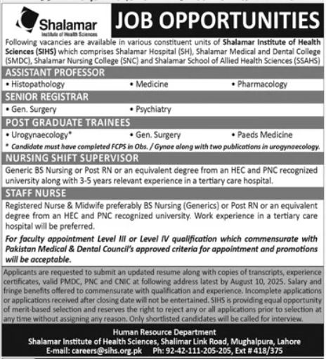 Shalamar Institute of Health Sciences (SIHS) Lahore Jobs 2025 – Apply Online Now
