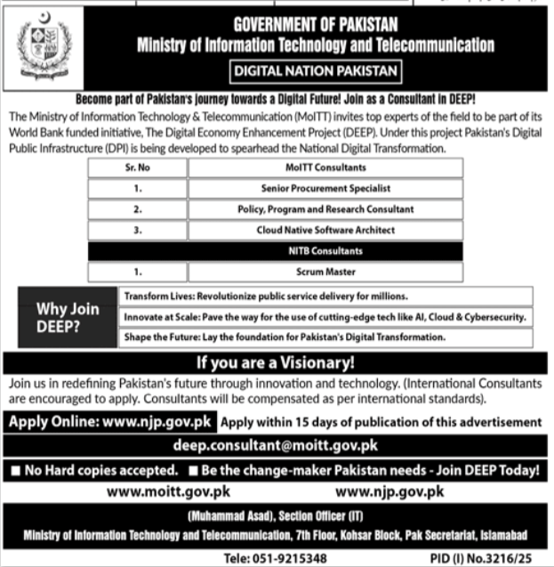 Ministry of IT & Telecommunication MOIT Islamabad Jobs 2025 | Apply Online Before 3 November